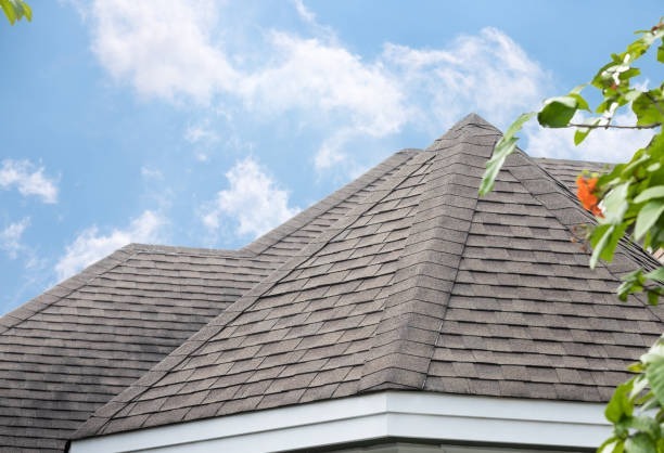 Low-angle view of clean, multi-gabled asphalt shingle roof against a blue sky with light clouds